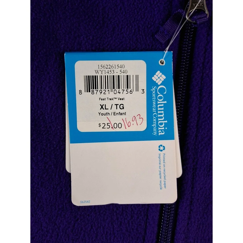 Columbia Fast Trek Vest Youth XL Purple Fleece Full Zip Outdoor Jacket WY1453540